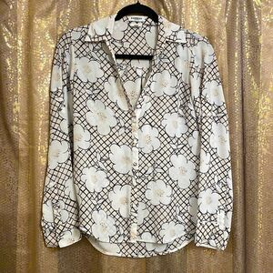 Express white/black/ivory floral print portifino button down blouse, XS slim